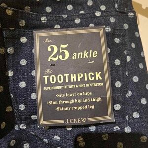 Jcrew, toothpick, ankle polkadotted, jeans, size 25